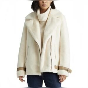 Lauren Ralph Lauren Teddy Faux Fur Moto Jacket Cream Small NWT $310